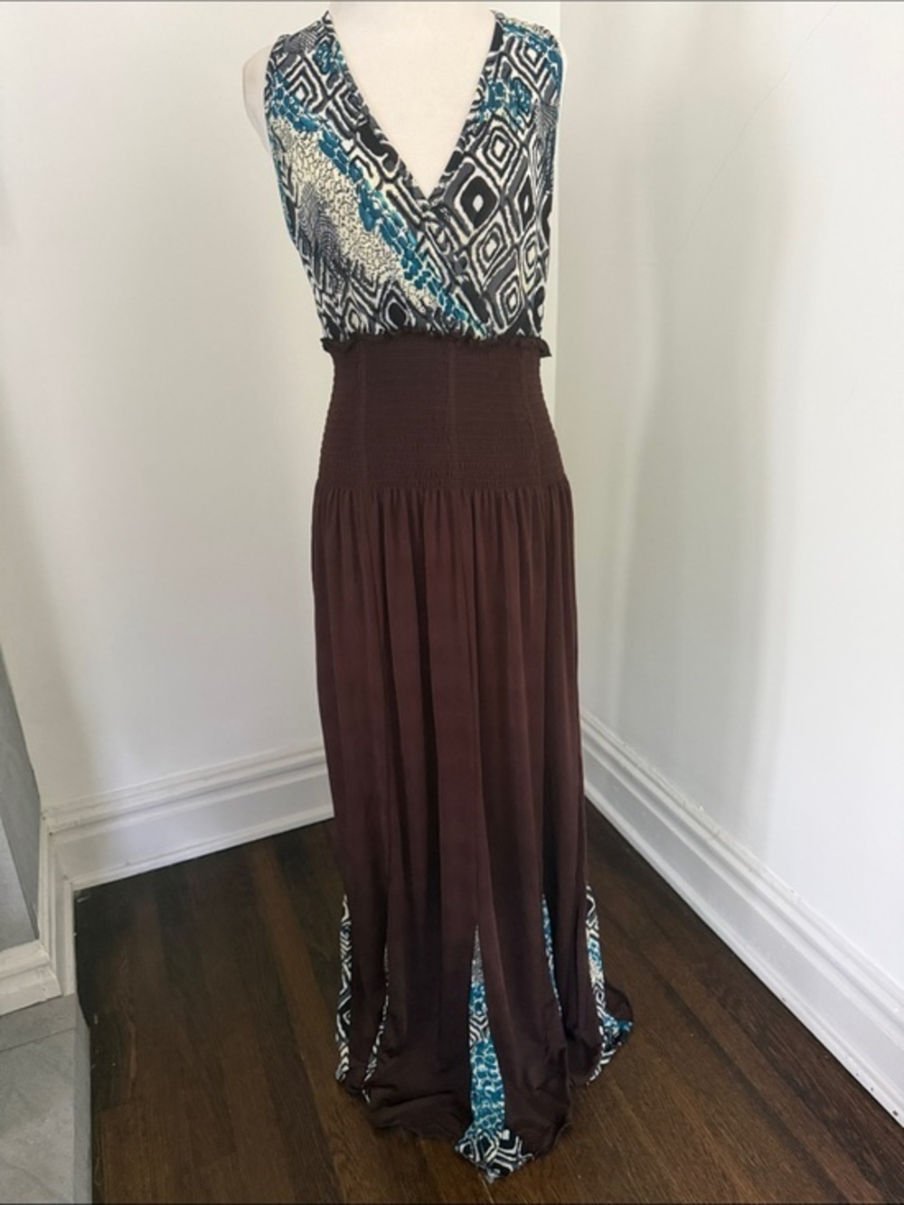 Renegade Club Sleeveless V-Neck Maxi Dress in Brown and Teal Geometric Print